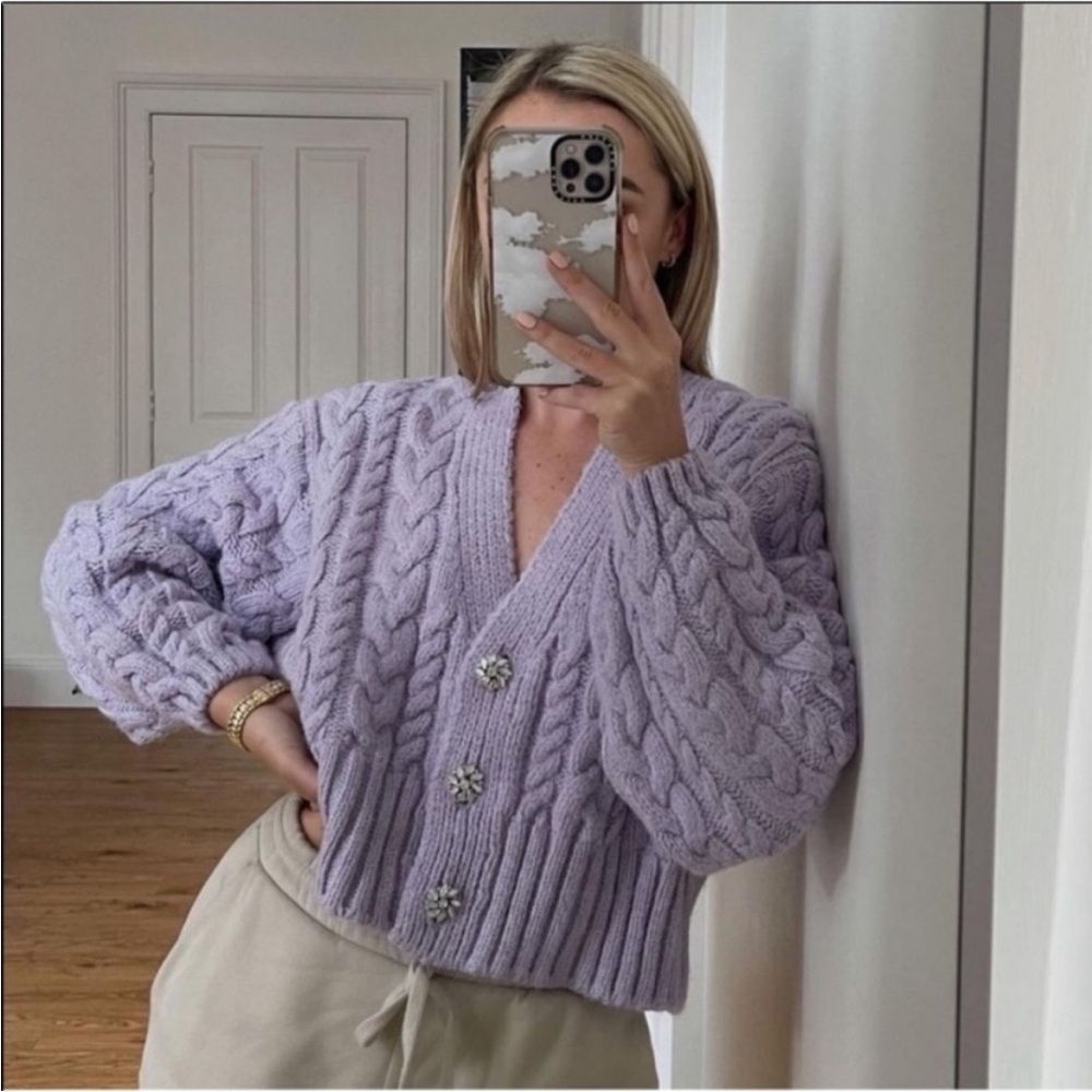 ZARA Purple Chunky Knit Cardigan Jeweled Buttons Blogger Favorite size M pastel